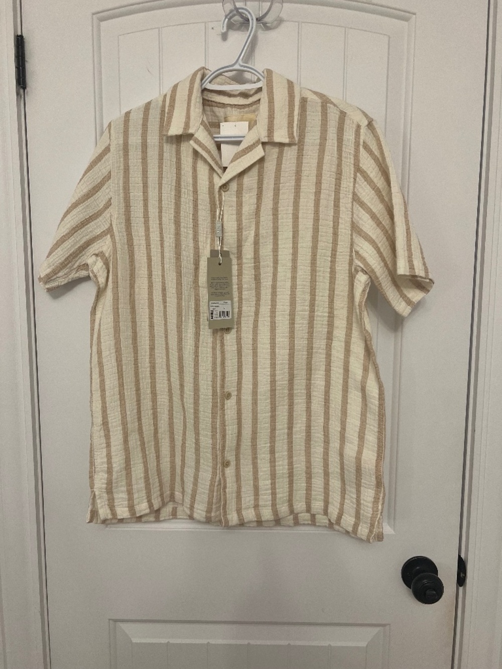 Folk Beige and Cream Striped Short-Sleeve Button-Up Shirt